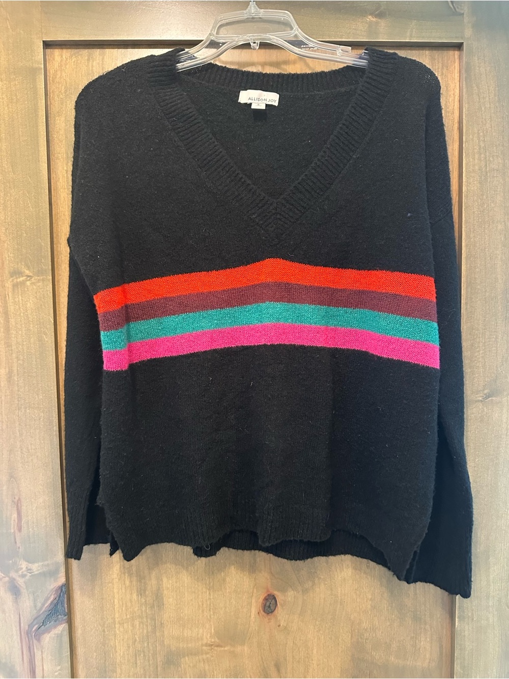 Allison Joy Black V-Neck Sweater with Colorful Stripes - Picture 2 of 6